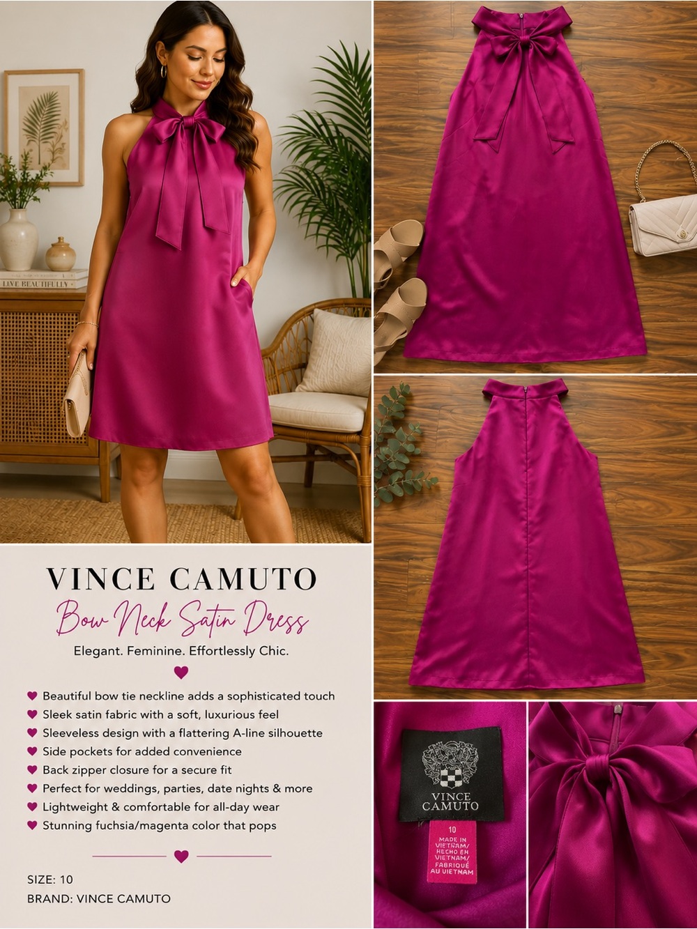 Vince Camuto Fuchsia Satin Bow-Neck A-Line Dress